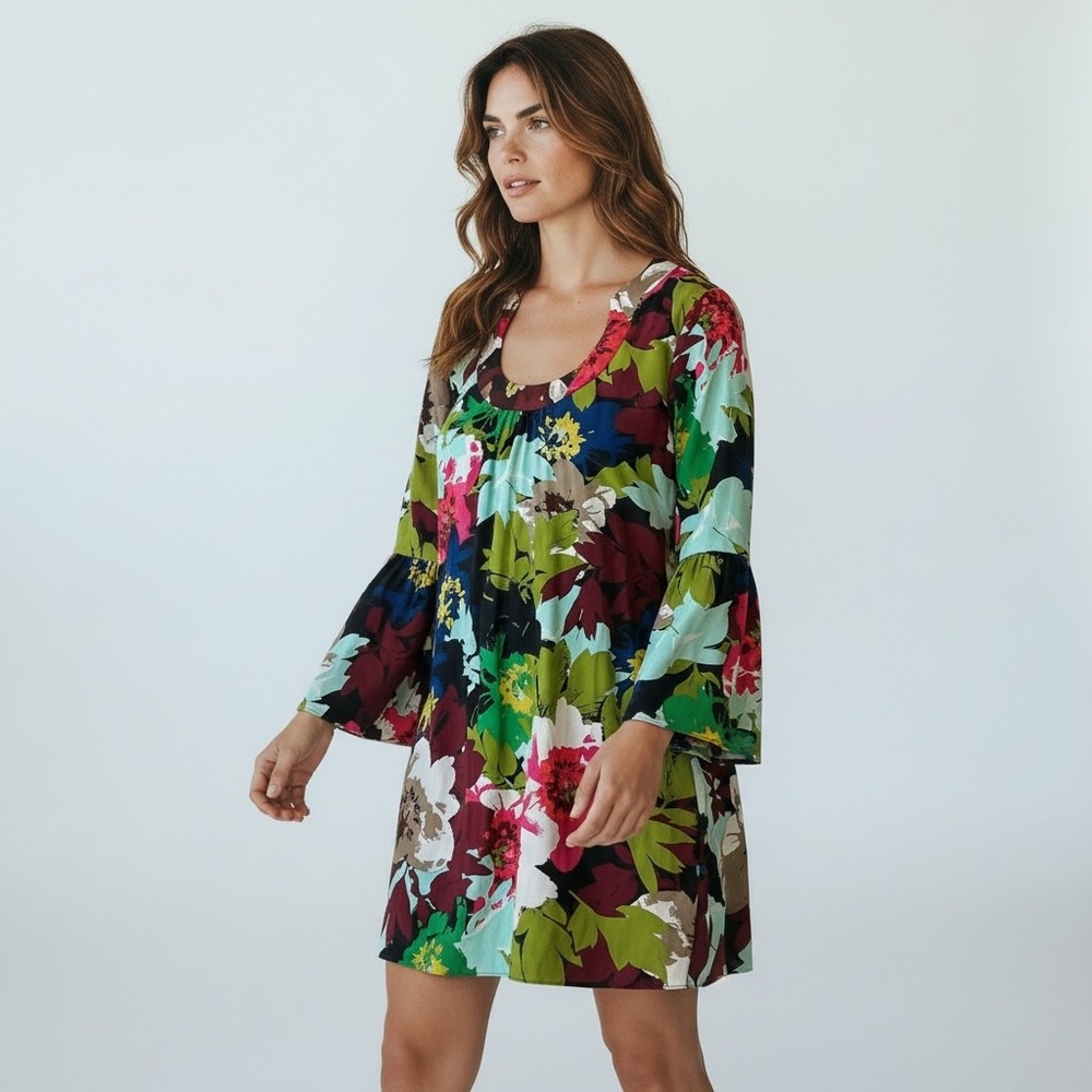 Trina Turk Floral Silk‎ Bell Sleeve Mini Dress Multicolor Holiday 2015 Size 4